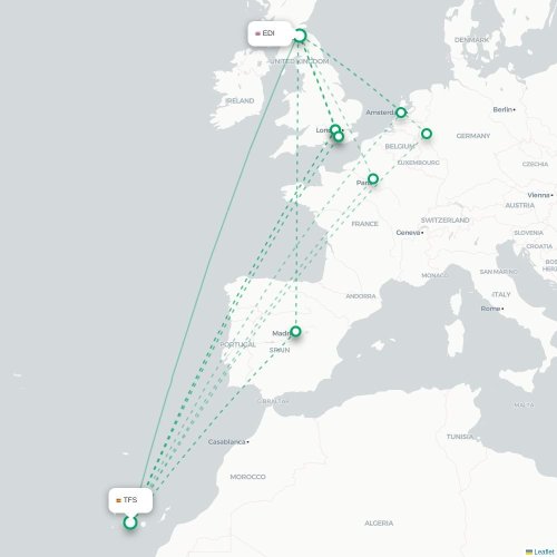 Mapa de vuelo directo Granadilla de Abona - Edimburgo