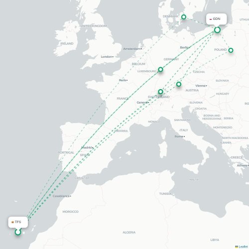 Mapa lotu bezpośredniego Granadilla – Gdańsk