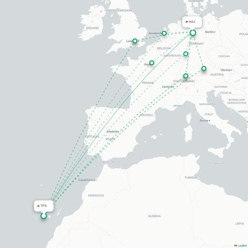 Mapa de vuelo directo Granadilla de Abona - Hannover