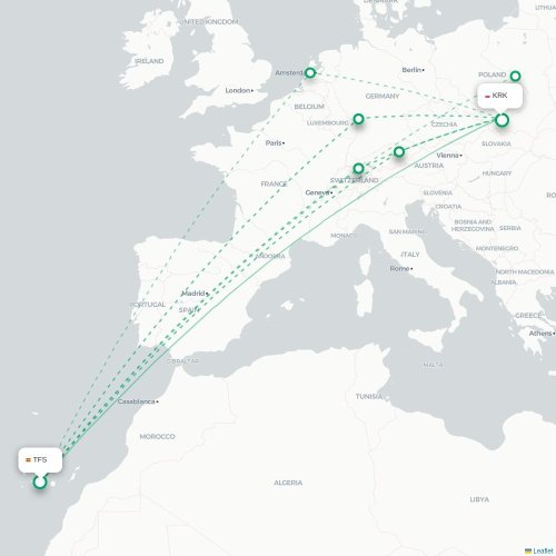 Mapa lotu bezpośredniego Granadilla – Kraków
