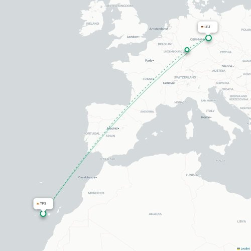 Mapa de vuelo directo Granadilla de Abona - Leipzig
