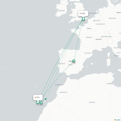 Mapa de vuelo directo Granadilla de Abona - Londres