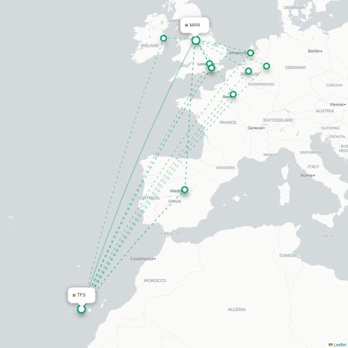 Mapa de vuelo directo Granadilla de Abona - Mánchester