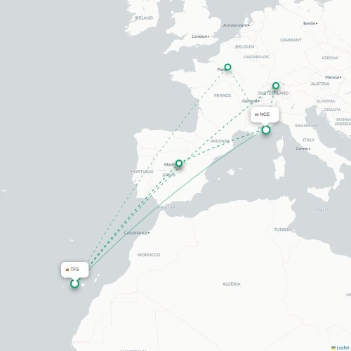 Mapa de vuelo directo Granadilla de Abona - Niza
