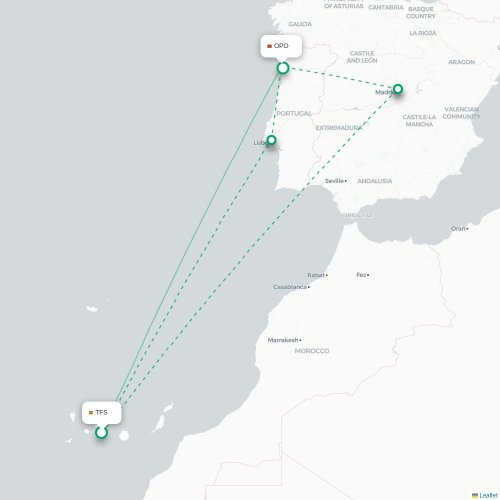 Mapa de vuelo directo Granadilla de Abona - Oporto