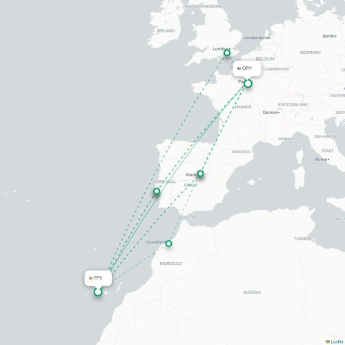 Mapa de vuelo directo Granadilla de Abona - París