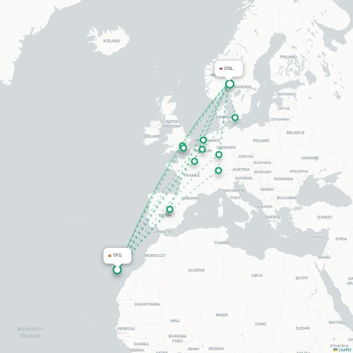 Mapa de vuelo directo Granadilla de Abona - Oslo