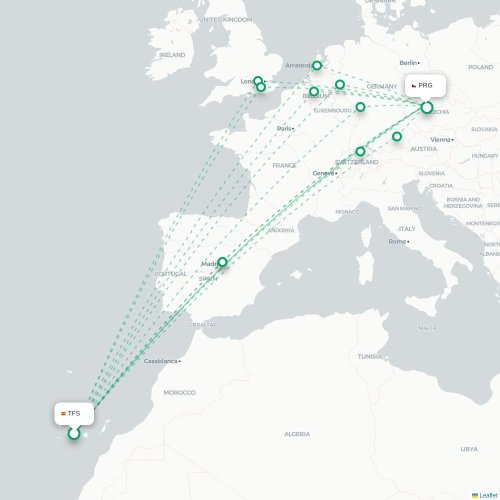 Mapa lotu bezpośredniego Granadilla – Praga