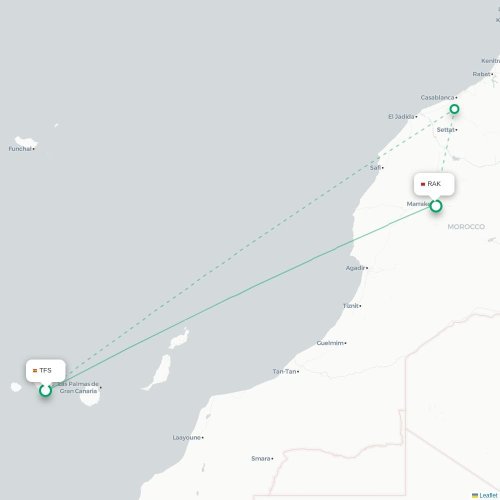 Mapa de vuelo directo Granadilla de Abona - Marrakech