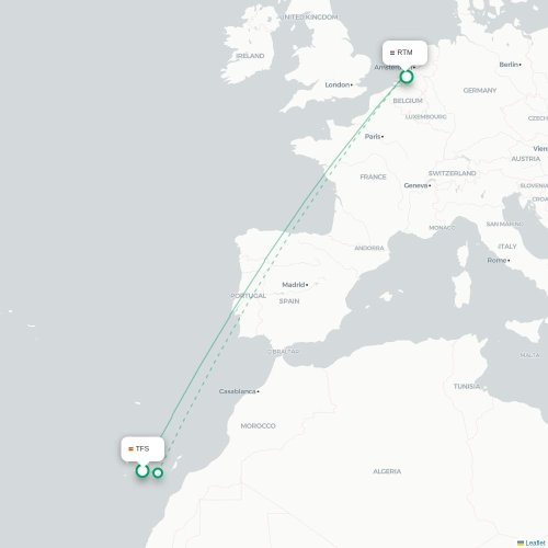 Mapa de vuelo directo Granadilla de Abona - Rotterdam
