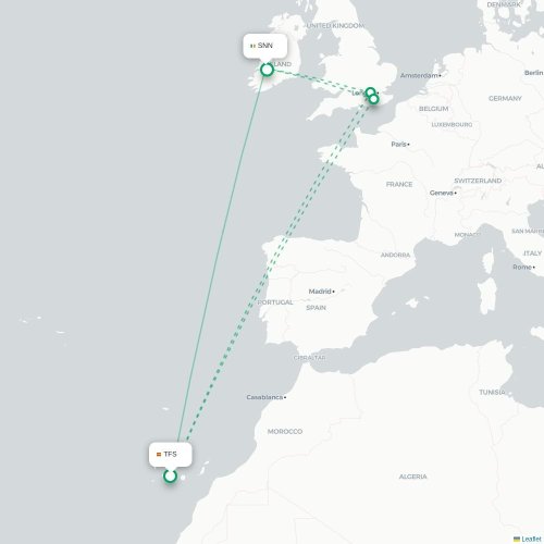 Mapa lotu bezpośredniego Granadilla – Shannon
