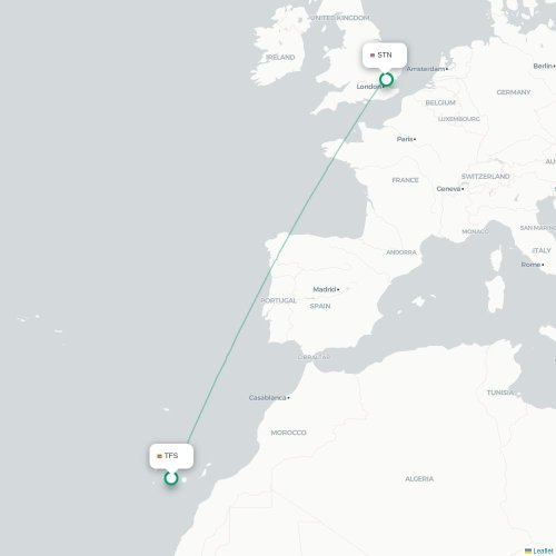 Mapa de vuelo directo Granadilla de Abona - Londres