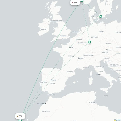 Mapa de vuelo directo Granadilla de Abona - Stavanger