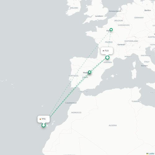 Mapa lotu bezpośredniego Granadilla – Tuluza