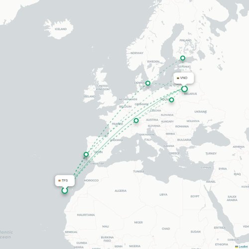 Mapa lotu bezpośredniego Granadilla – Wilno