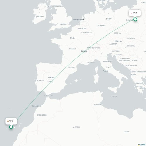 Mapa lotu bezpośredniego Granadilla – Warszawa