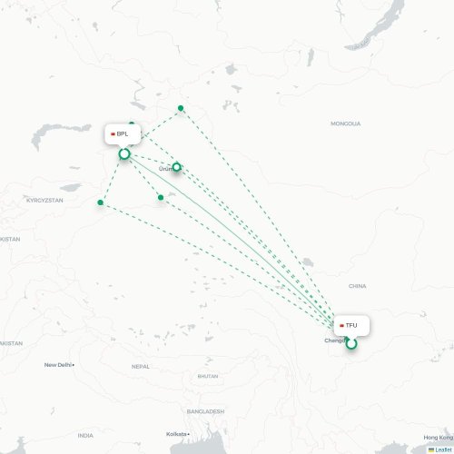 Chengdu - Bortala kaart van rechtstreekse vlucht