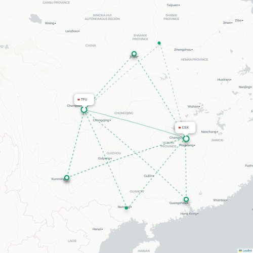 Mapa lotu bezpośredniego Chengdu – Changsha