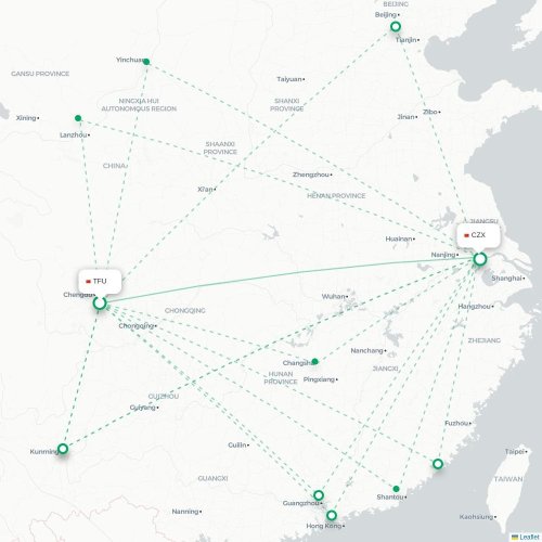 Mapa lotu bezpośredniego Chengdu – Changzhou