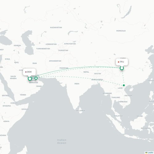 Mapa lotu bezpośredniego Chengdu – Ad-Dauha