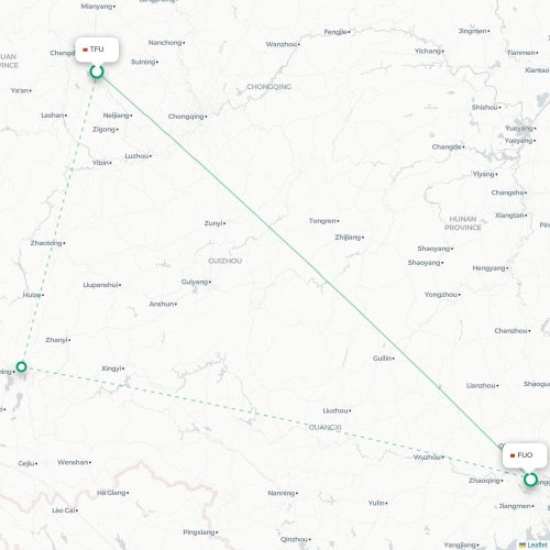Mapa lotu bezpośredniego Chengdu – Foshan