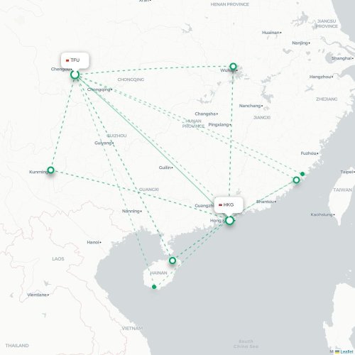 Mapa lotu bezpośredniego Chengdu – Hongkong