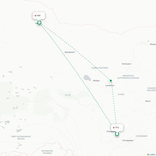 Mapa lotu bezpośredniego Chengdu – Hami