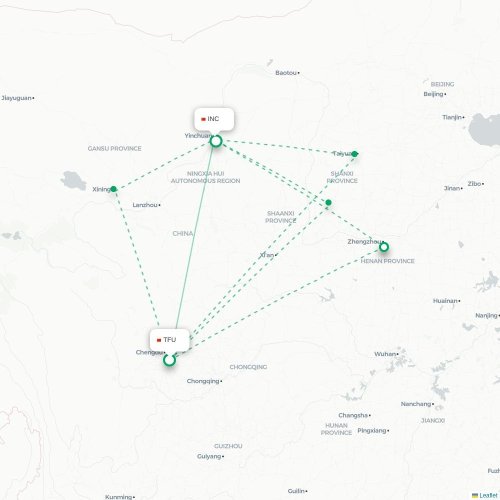 Mapa de vuelo directo Chengdu - Yinchuan