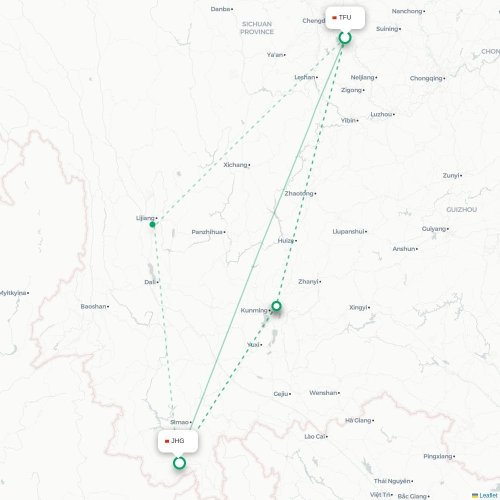 Mapa lotu bezpośredniego Chengdu – Xishuangbanna
