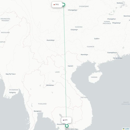 Mapa lotu bezpośredniego Chengdu – Phnom Penh