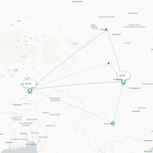 Mapa lotu bezpośredniego Chengdu – Lhasa