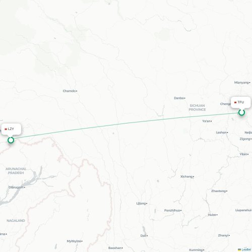 Mapa lotu bezpośredniego Chengdu – Nyingchi