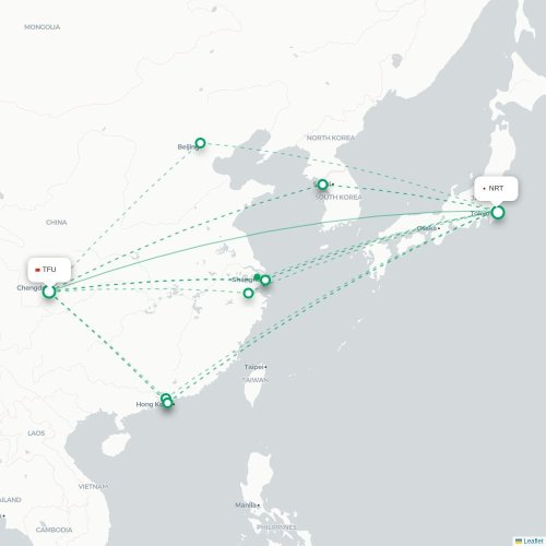 Mapa lotu bezpośredniego Chengdu – Tokio
