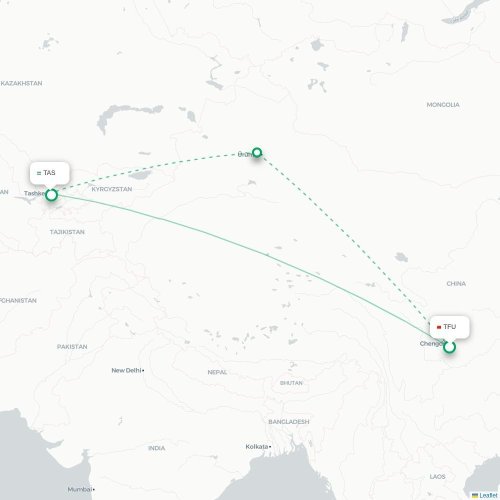 Chengdu - Tasjkent kaart van rechtstreekse vlucht