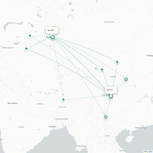 Mapa lotu bezpośredniego Chengdu – Urumczi