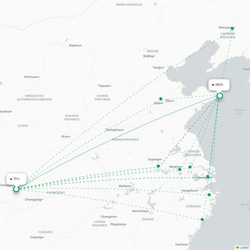 Mapa lotu bezpośredniego Chengdu – Weihai