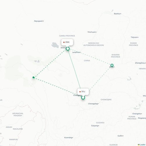 Mapa lotu bezpośredniego Chengdu – Xining