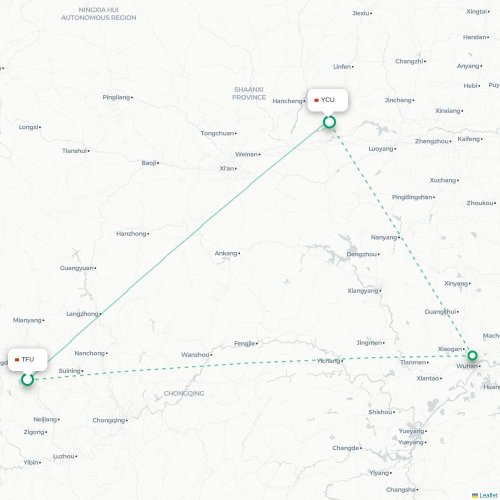 Mapa lotu bezpośredniego Chengdu – Yuncheng