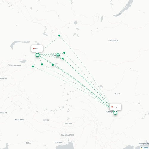 Mapa lotu bezpośredniego Chengdu – Ili