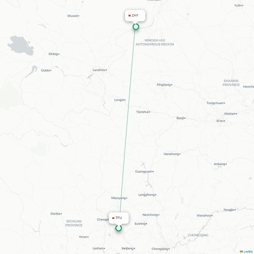 Mapa lotu bezpośredniego Chengdu – Zhongwei