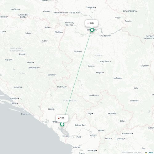 Mapa de vuelo directo Podgorica - Belgrado