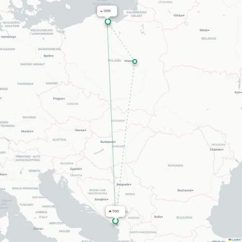 Mapa lotu bezpośredniego Podgorica – Gdańsk