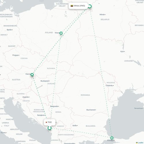 Mapa lotu bezpośredniego Podgorica – Wilno