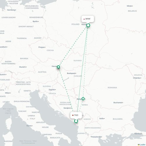 Mapa lotu bezpośredniego Podgorica – Warszawa