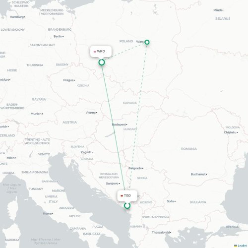 Mapa lotu bezpośredniego Podgorica – Wrocław