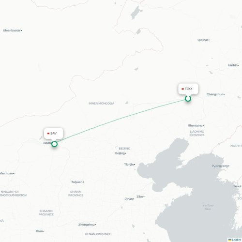 Mapa lotu bezpośredniego Tongliao – Baotou