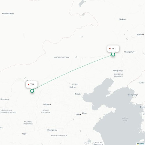Mapa lotu bezpośredniego Tongliao – Ordos City