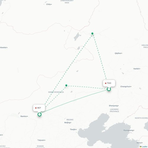 Mapa lotu bezpośredniego Tongliao – Hohhot