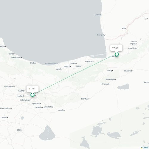 Mapa lotu bezpośredniego Teheran – Gorgān