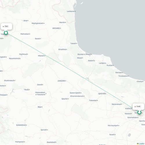 Mapa lotu bezpośredniego Teheran – Tabriz